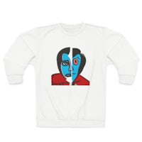 a white sweatshirt with an image of a man with a blue face