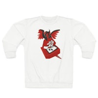 a white sweatshirt with a red dragon on it