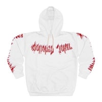 a white hoodie with red writing on it