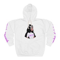 a white hoodie with an image of a girl wearing a pink hoodie