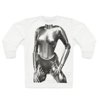 a white sweatshirt with an image of a robot woman